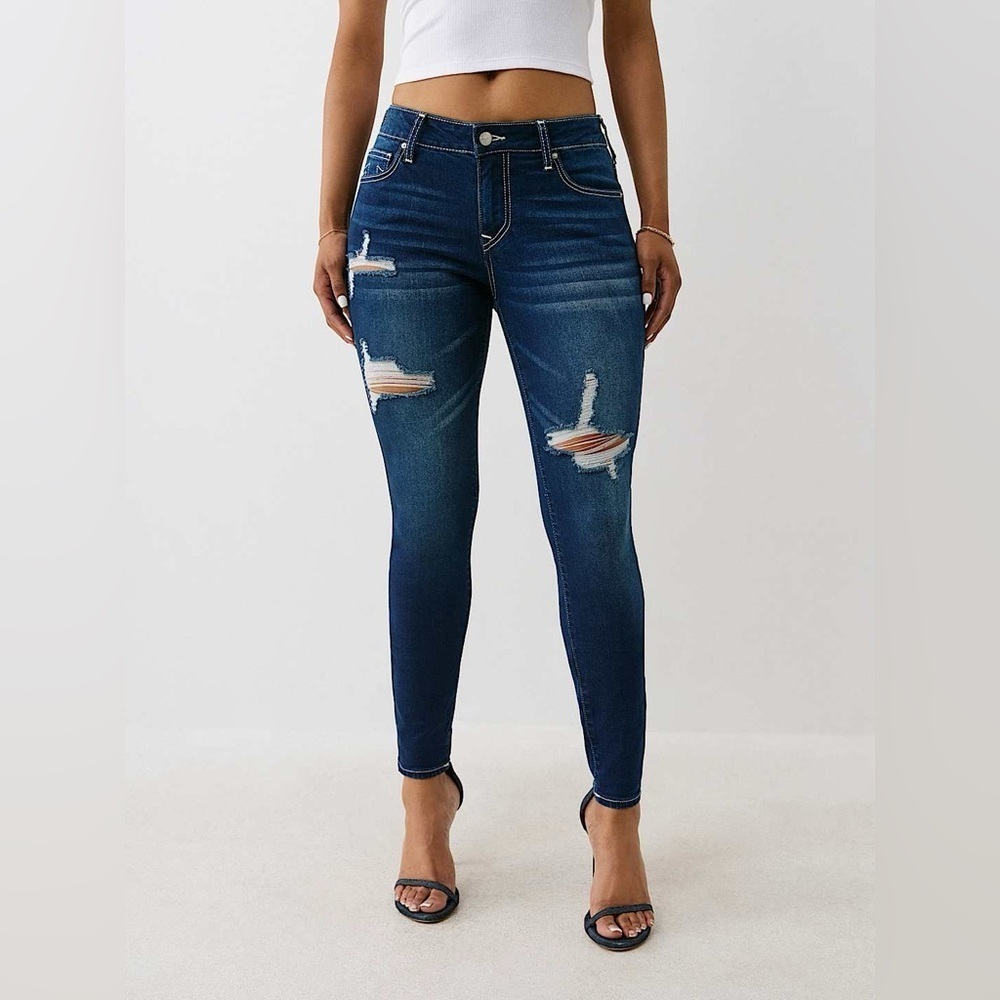 True Religion Dark Blue Distressed Skinny Jeans, 28, NWT